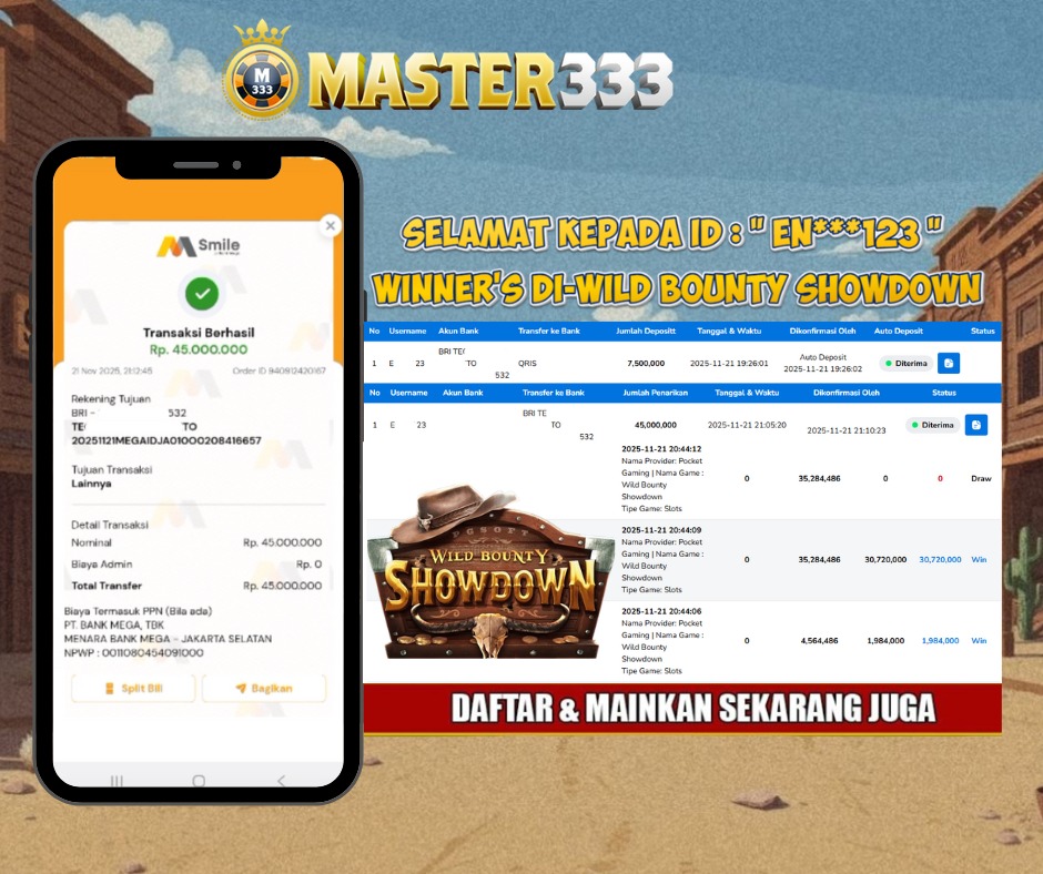 MASTER333 JACKPOT SLOT Wild Bounty Showdown  Rp.45,000,000.,- LUNAS